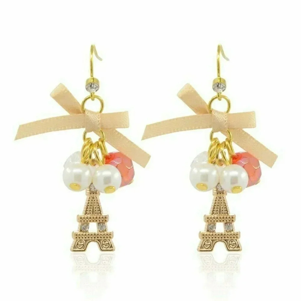 Handmade Paris Eiffel Tower 14K Gold Plated Czech Crystal Glass and Bow Earrings
